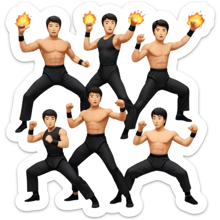 Icon for Action Movies: Collage of Arnold Schwarzenegger, Sylvester Stallone, Bruce Lee and Jackie Chan in iconic action poses, surrounded by explosions, weapons, and martial arts moves. The design should capture the high-energy, dynamic nature of their films. Transparent background. sticker