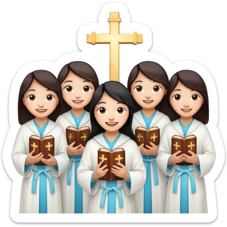 eight asian girls holding bibles and crosses and laughing to each other sticker