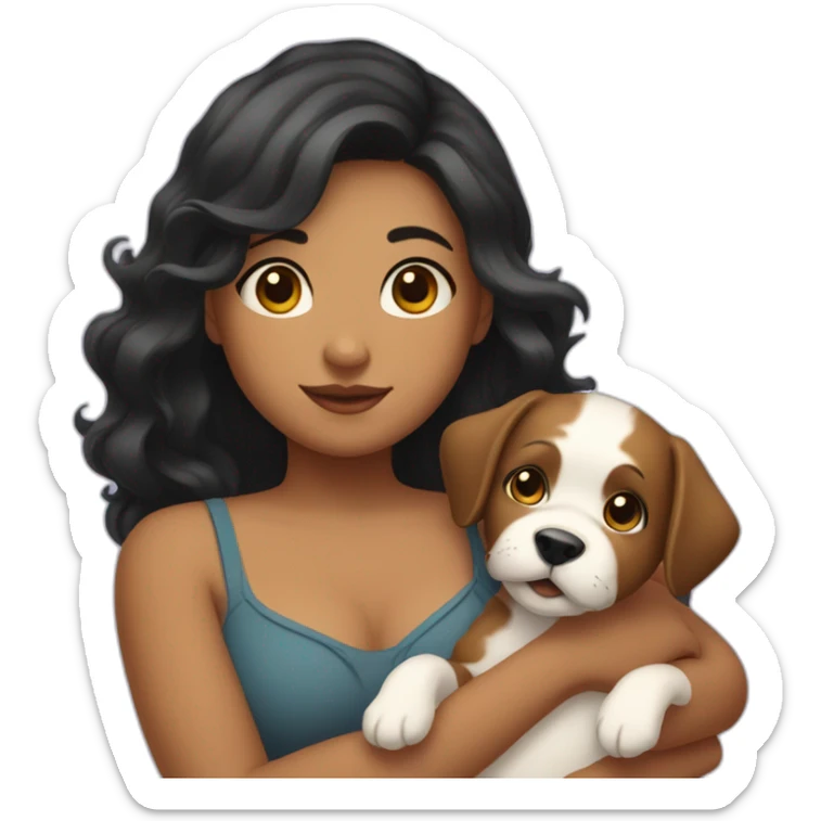 chubby girl with  wavy black hairs holding dog in her arms sticker