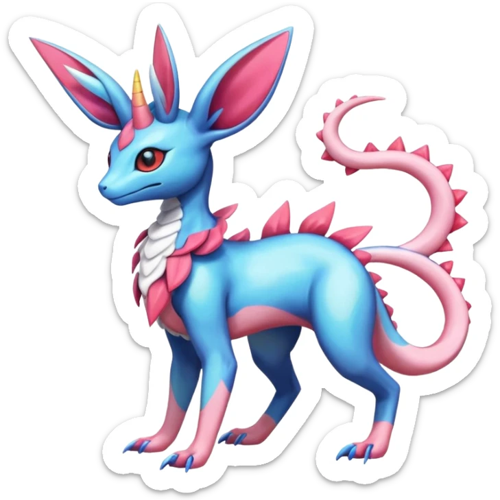 Shiny Horned Heliolisk-Sylveon-Salandit-Amaura-Fakémon-hybrid-creature (full body)  sticker
