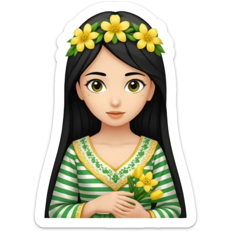 A picture of a black-haired girl in a beautiful green Arabic dress with green dotted stripes and beautiful yellow flowers scattered and a white-faced girl sticker