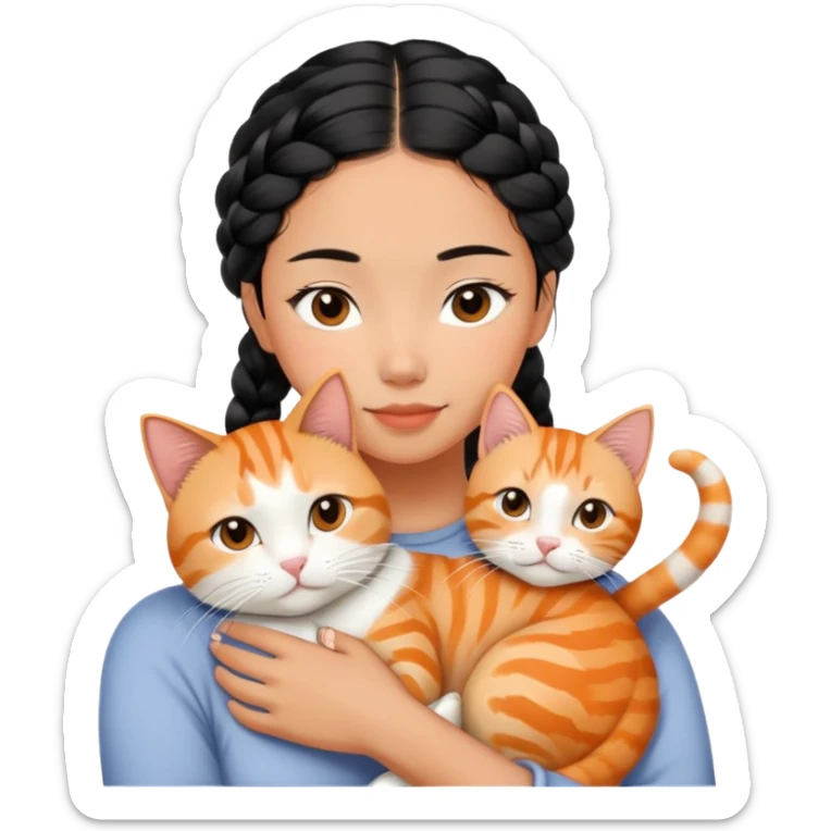 Young Asian woman with braided black hair cuddling a white and orange tabby cat, gentle embrace, affectionate pose sticker