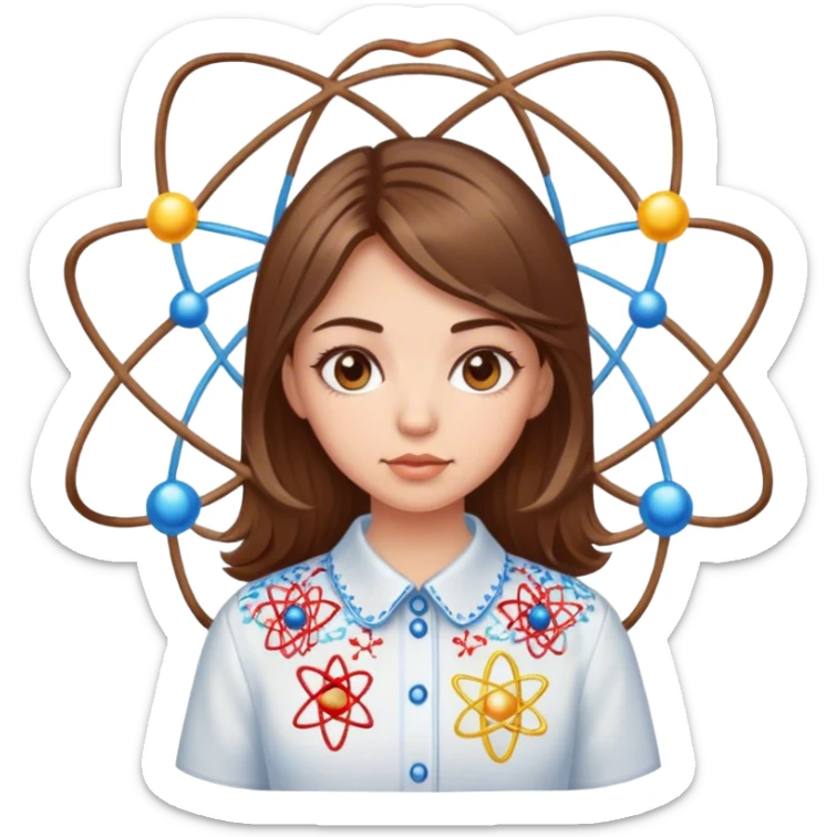 a Ukrainian girl with brown hair in an embroidered shirt and an atom sticker