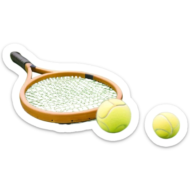 A tennis racket resting on the green grass of a tennis court, with a tennis ball placed nearby and the net stretching across the court. The background captures the fresh, open atmosphere of a traditional grass court, emphasizing the elegance and precision of the sport. sticker