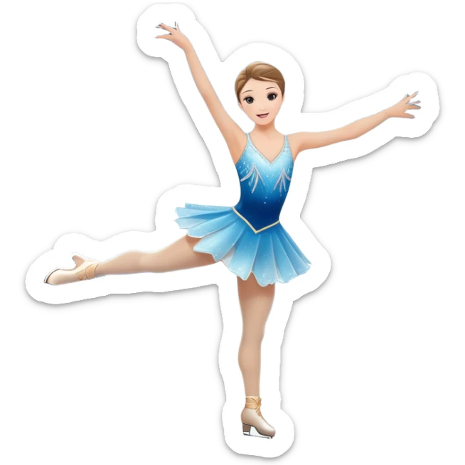 An icon showing a graceful figure skater mid-spin on a sparkling ice rink, wearing an elegant costume. The background features festive arena lights, snowflakes, and cheering spectators. Transparent background captures the beauty, artistry, and elegance of figure skating. sticker
