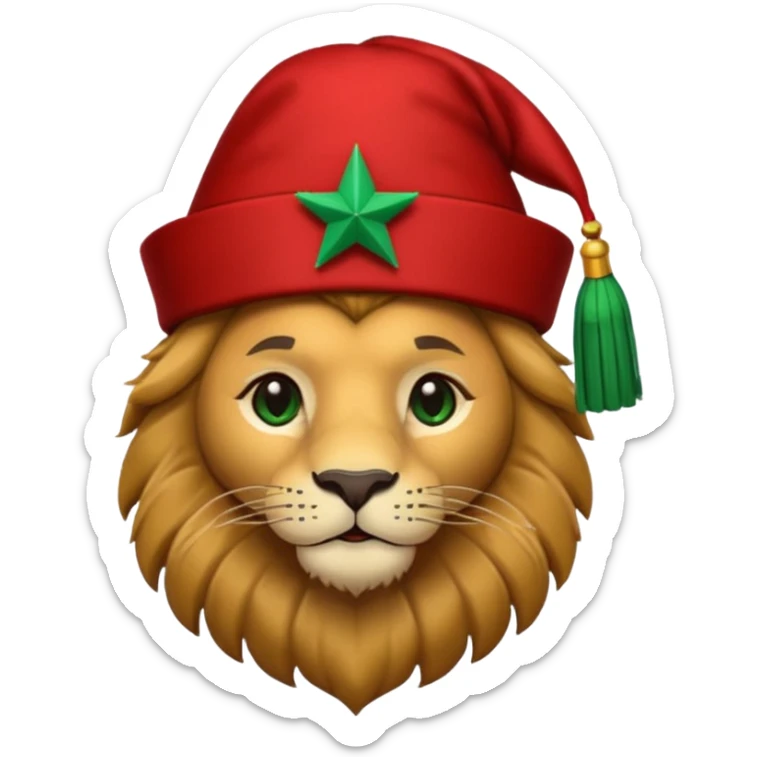 Cute lion emoji face wearing a red Moroccan fez with a green star on the front and a black tassel on the right side. Solid dark-blue background. sticker