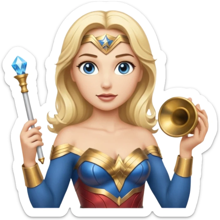 Blonde blue eyed Wonder Woman holding white orchestra conductor’s baton and bell sticker