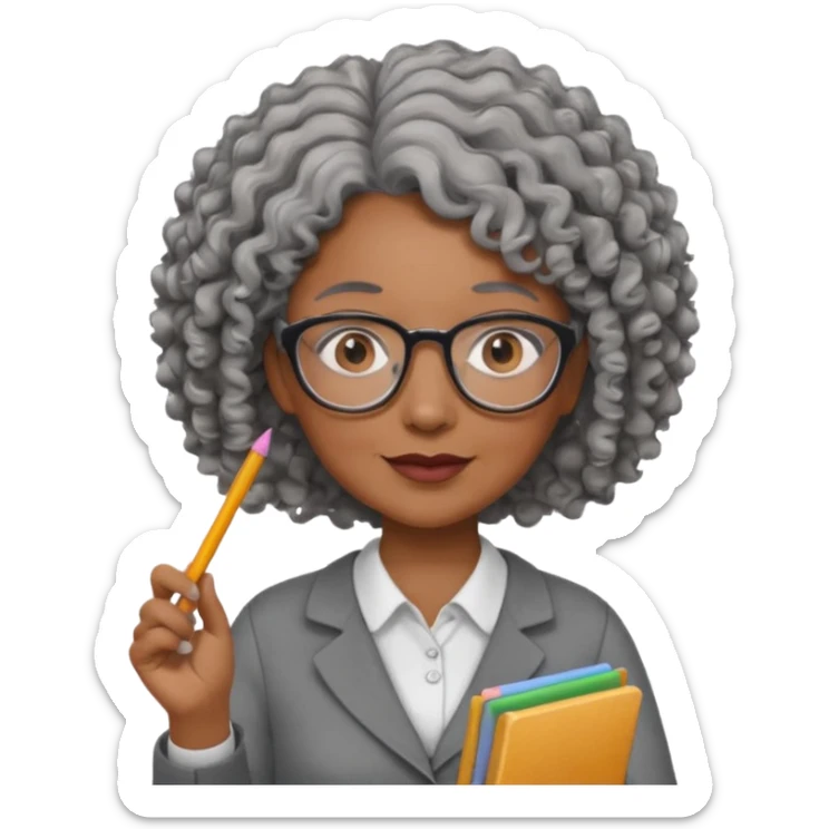 woman teacher, brown skin, curly grey hair, old, wearing glasses, hold chalk on hand sticker