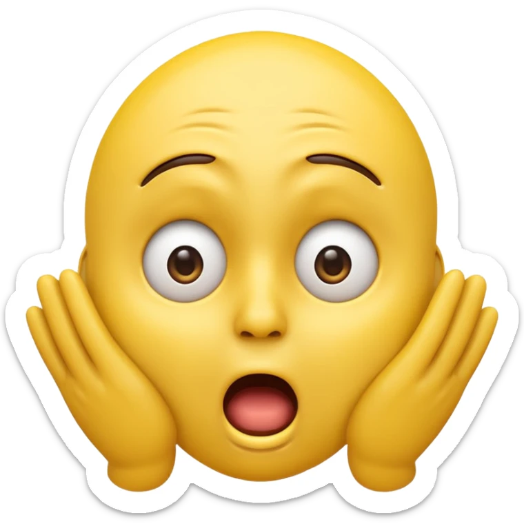 A 3D glossy yellow emoji of a shocked horrified face, with mouth and eyes are wide open, eyebrows  raised, and hands against their cheeks, face has no nose, black background, high quality, soft studio lighting sticker