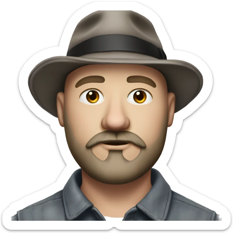 Photorealism A plump bald man of Slavic appearance with a goatee beard and mustache, wearing a fedora hat, big details sticker