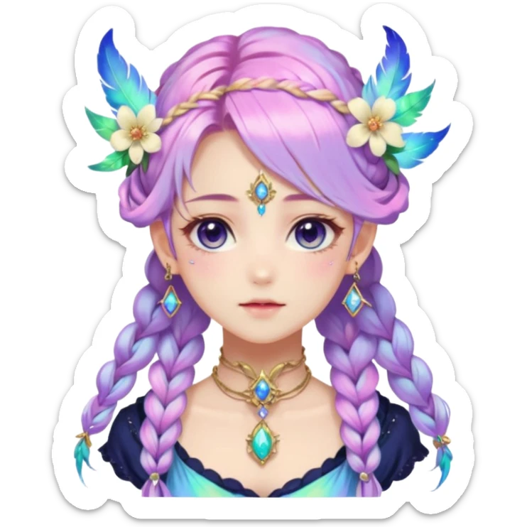 Beautiful gorgeous anime lady with beautiful iridescent-nebula-braided-hair, fashion aesthetic, ethereal, fairycore, pastelcore, feathers, flowers, gems, accessories, jewelries, gold, colorful sticker