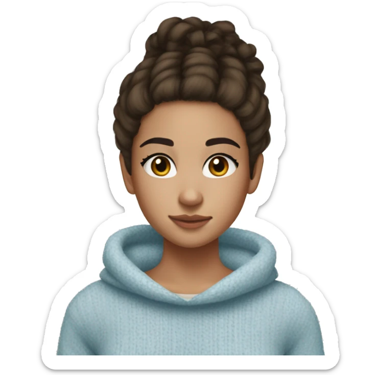 teenage girl, hispanic, freckles, afro brown hair, pony tail, short hair, brown eyes, light blue sweater, winter sweater, freckles sticker