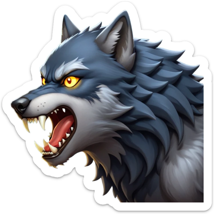 cinematic-noble-fierce-werewolf-howling-portrait-emoji, poised-and-imposing, with a fierce wolfish face tilted upwards in a haunting howl, glowing eyes full of primal ferocity, sharp, elongated fangs bared, and a rugged snout, fur rippling in shades of midnight black and silver, muscles tensed as the powerful howl echoes beneath the moonlit sky; rendered with realism, capturing the raw, untamed power of the beast in its wild, primal state sticker