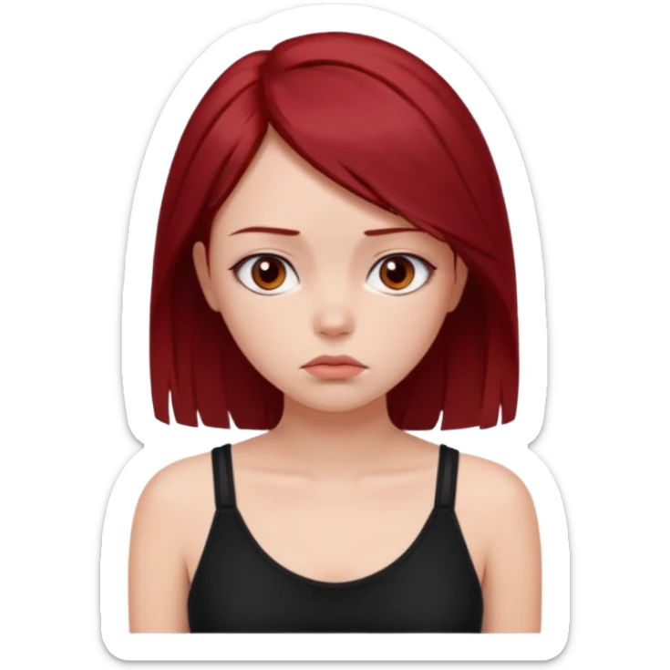a pretty bratz fair girl with dark red straight hair, black cami top, looking sad sticker