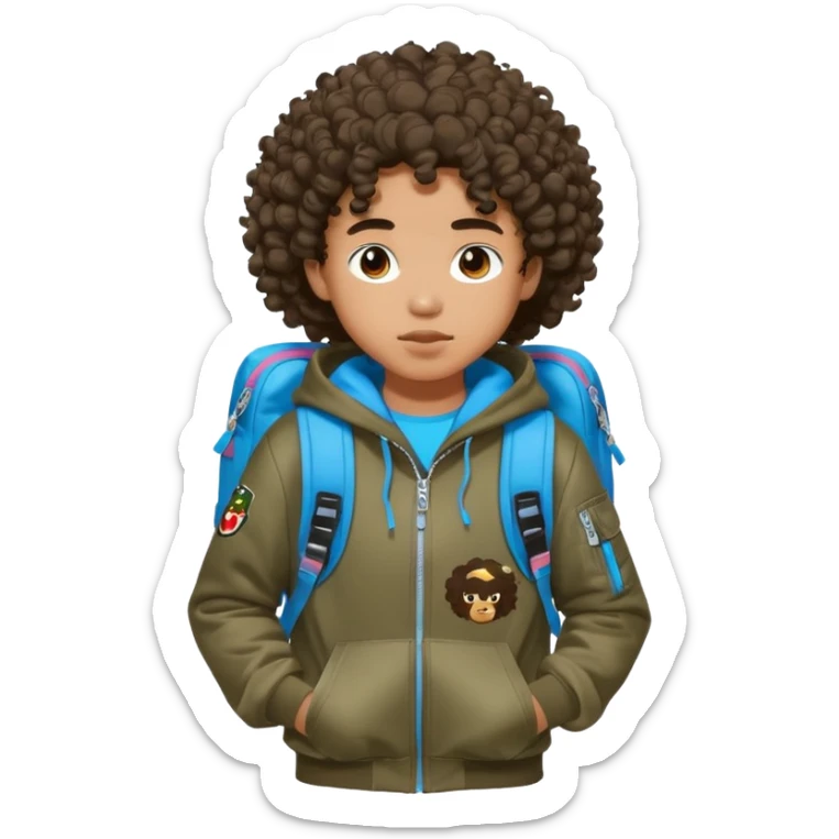 blasian teenager with curly hair, andbape hoodie and sprayground backpack sticker