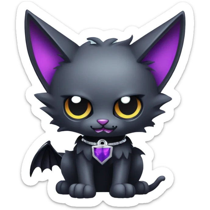   cool edgy kawaii ethereal dark-punk-themed animal vampiric cat-hybrid Fakemon with fangs and bat-wing-ears with a collar full body sticker