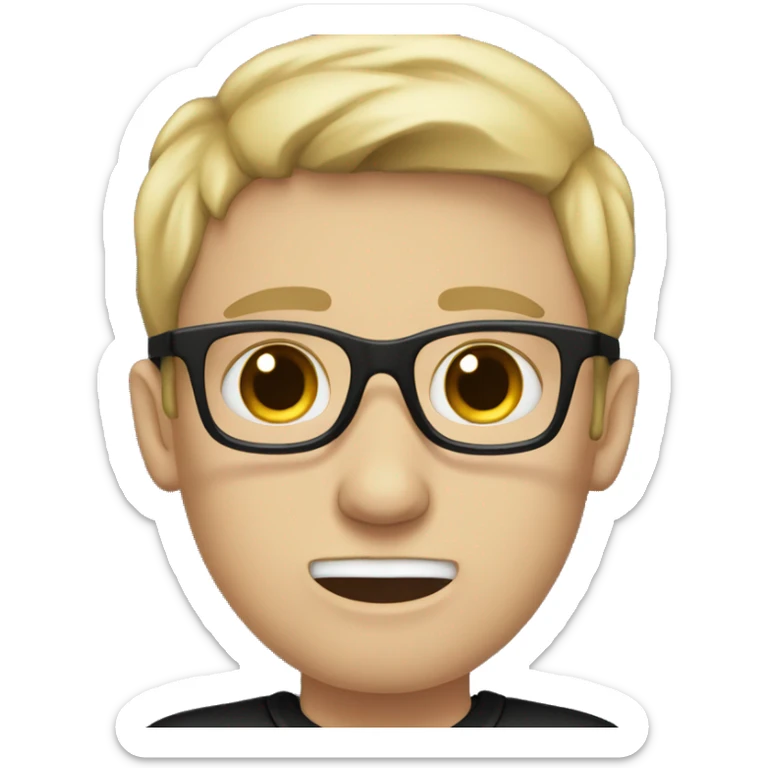 white male with black glasses, black cap and black t-shirt with blue eyes crying sticker