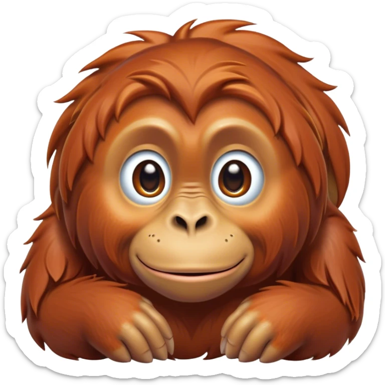 Cinematic Cute Orangutan Portrait Emoji, Head tilted playfully and inquisitively, with a gentle, expressive face accented by soft, flowing fur and round, sparkling eyes brimming with warmth, Simplified yet irresistibly adorable features, highly detailed, glowing with a warm, friendly glow, high shine, affectionate and lively, stylized with a touch of jungle whimsy, bright and endearing, soft glowing outline, capturing the essence of a mischievous yet loving orangutan that seems as if it could swing out of the screen into your arms! sticker