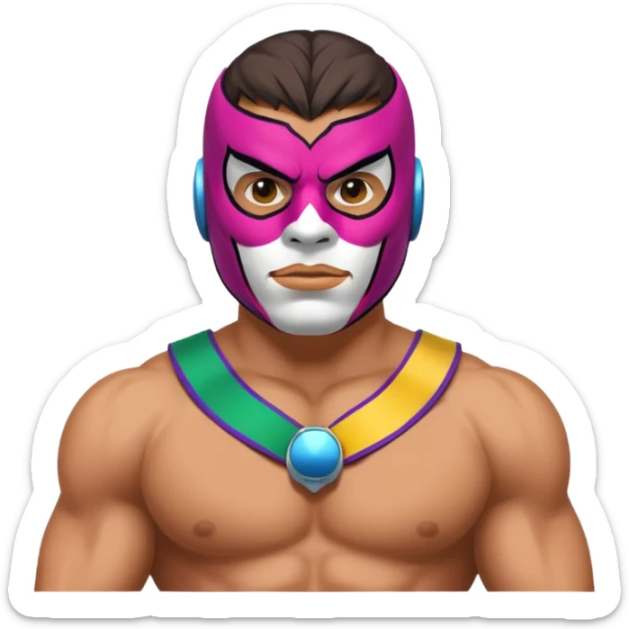 Mexican wrestler portrait, head and shoulders only, colorful luchador mask, muscular collar, confident expression, 3D cartoon, mobile game icon style, clean background, no text, no watermark
 sticker