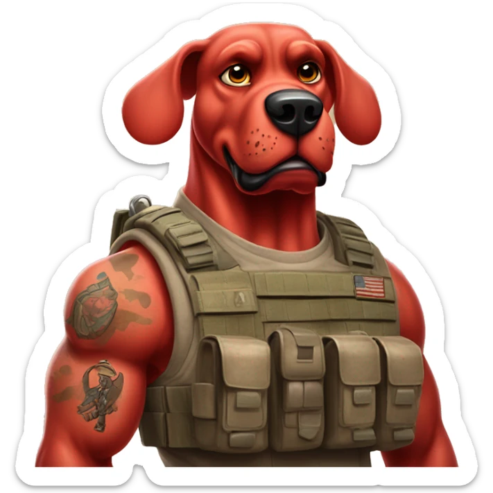 Desert storm Clifford the big red dog muscular with tattoos on arms book illustration humanoid as a military call of duty character standing alone sticker
