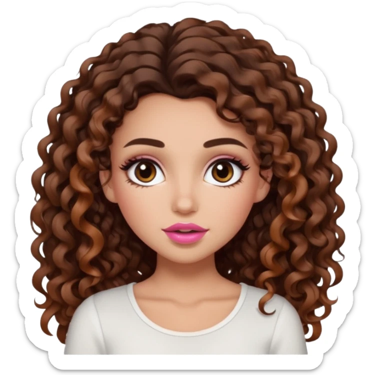 white girl with long voluminous dark brown curly hair with caramel highlights wearing a white top. Blush on the cheeks and big eyelashes and a brown-pink lip combo  sticker