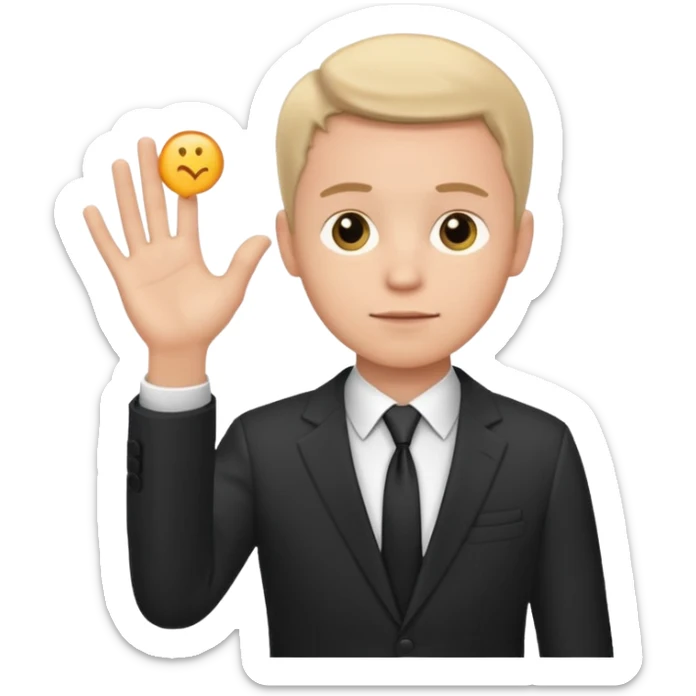 white man in formal suit in thought, holding something in the palm of his hand sticker