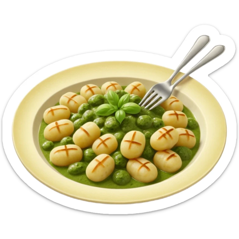 Gnocchi Cinematic Realistic Gnocchi Dish Emoji, depicted as tender oblong potato gnocchi garnished with iconic fork marks on top, rendered with soft textures and warm, inviting lighting. add green pesto sauce sticker