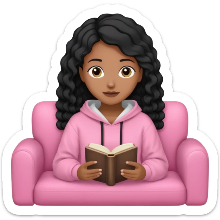 Una chica linda de cabello negro con ondas hasta los hombros de piel blanca con una sudadera rosa en un sofá cómodo y hermoso leyendo la biblia sticker