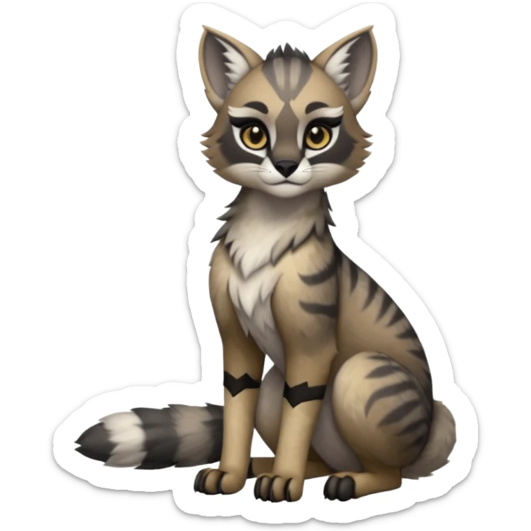 Cute kawaii cool edgy badass  ashen grey fur with smoky charcoal ombré fade fantasy-caracal-civet-genet-sergal-vernid-Gryphon-Cacomistle-Trico-oncilla-animal-Fakémon-hybrid-fursona (full body), facial markings, (realism style) sticker