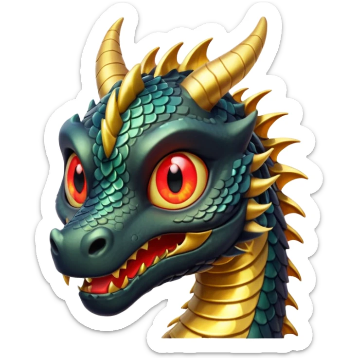 The image depicts a dragon resembling the dragon symbol from ancient Japanese mythology, combining the colors gold and black. It is bright and shiny, with clear colors, and the background of the image is transparent. The dragon embodies these colors, has red eyes, and is complete. sticker