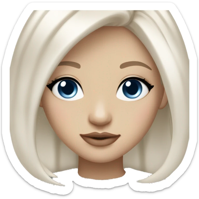 slavic girl medium length white straight hair, blue eyes, light pink beige glittery lips sticker