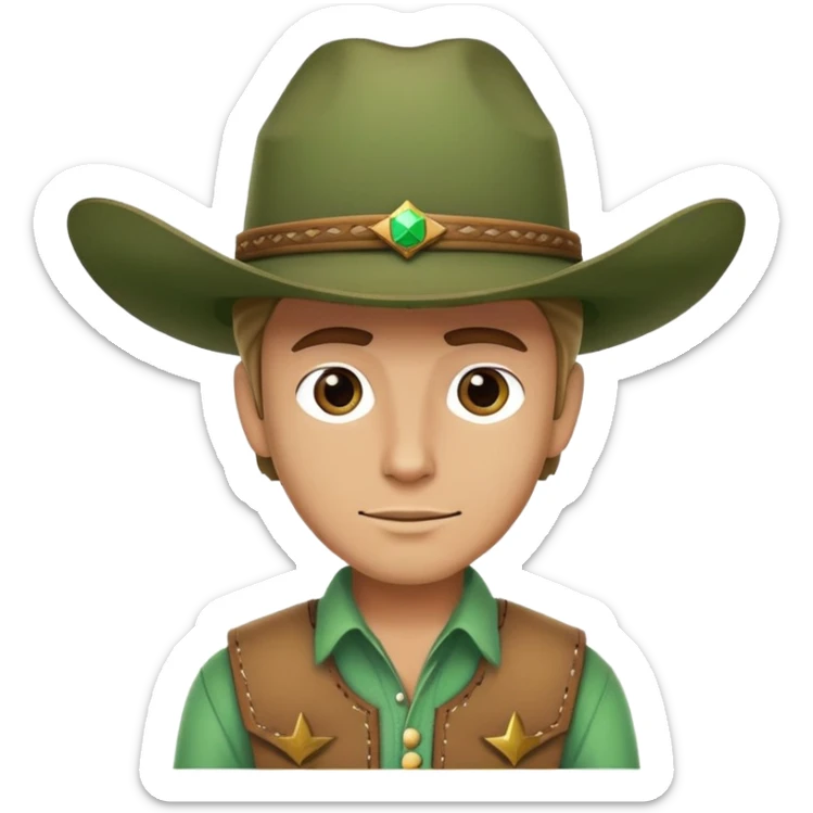 Cowboy wearing a green hat without any star on the hat, western style outfit sticker