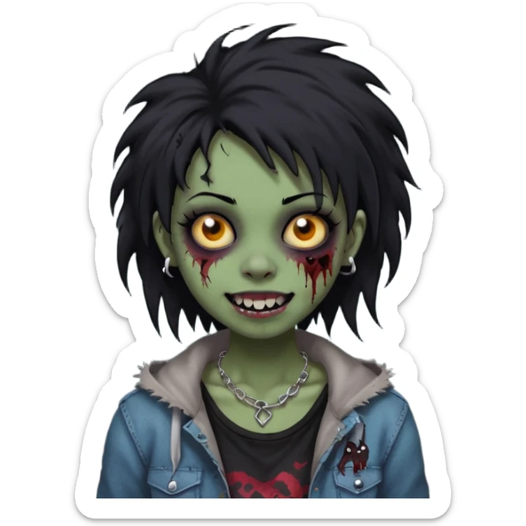 girl, zombie, black coily hair, medium long, emo, shaggy, dark, spooky,double eyebrow dermal piercing, cute illuminous smile sticker