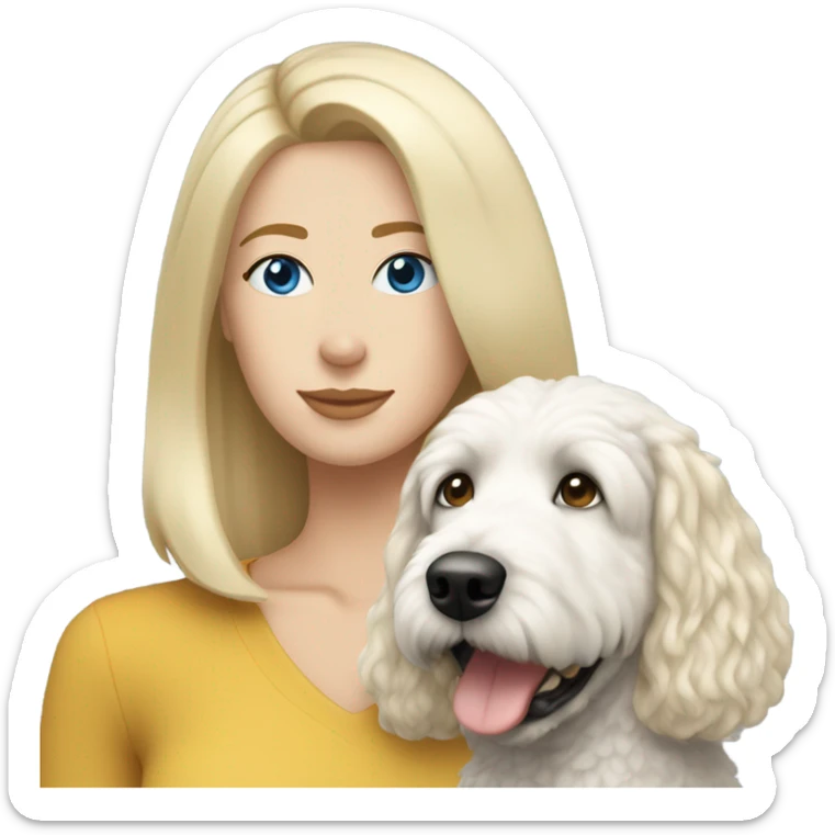 White lady with shoulder length blonde straight hair and blue eyes and her white golden doodle dog sticker