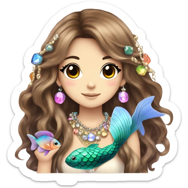 mermaid hime gyaru girl with fish scales, brown hair, jewerly sticker