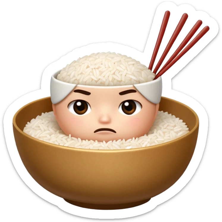 A bowl of rice with a small worried face. It holds chopsticks and a spoon, looking like it wants to take care of you. sticker
