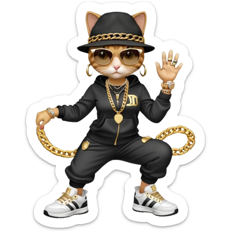 female cat wearing Run DMC hip-hop outfit with tracksuit, fedora, Adidas sneakers, dark sunglasses, many gold chains, rings, bracelets, flashy earrings, upright pose sticker