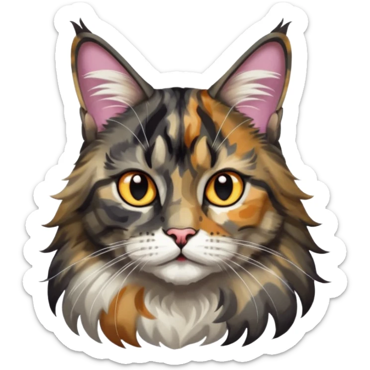 Maine coon black silver tortie et blanc avec une grosse tache noir sur un côté de la tête qui vient comme pour faire une moustache avec des couleurs assez vives  sticker