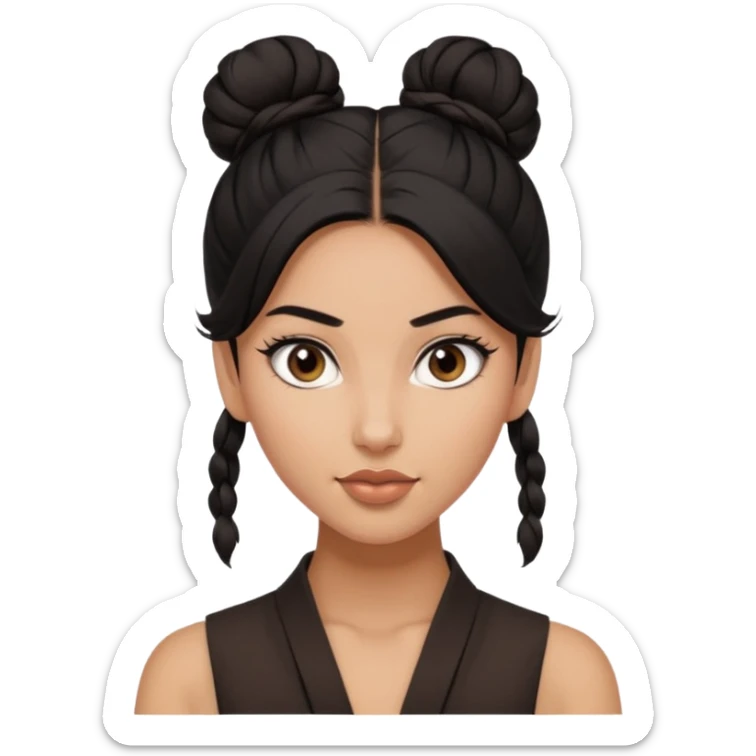A woman in tan skin, black hair shoulder length tied in half bun, beautiful eyes and flirty gaze with masculine fashion sticker