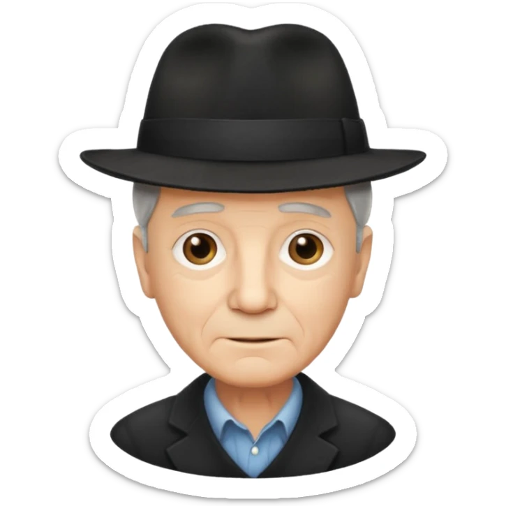A light-skinned old man with short dark hair, and a black fedora, with an oval face and calm look. sticker