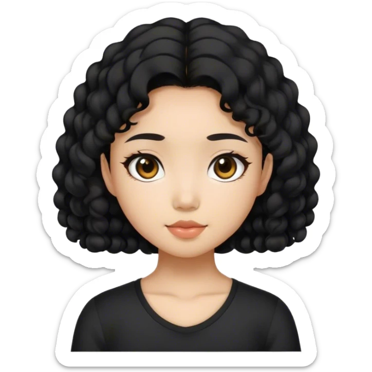 A Asian girl with a middle part, black curly hair, and wearing a black top sticker