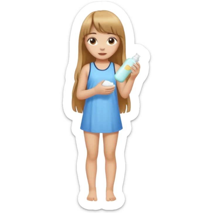a girl with light skin and medium brown long hair with bangs who is applying lotion to her body show her whole body sticker