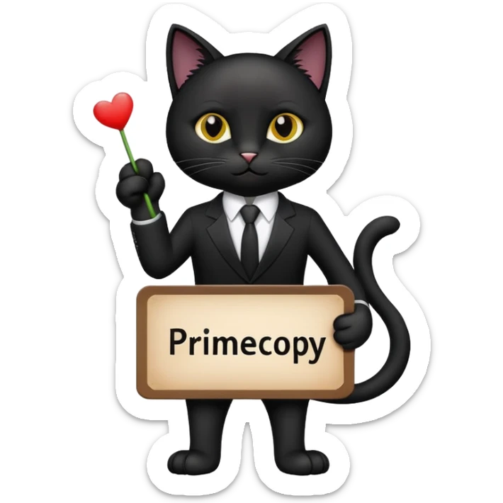 A black cat in a black business suit holds a sign with the inscription "PrimeCopy" in one paw sticker