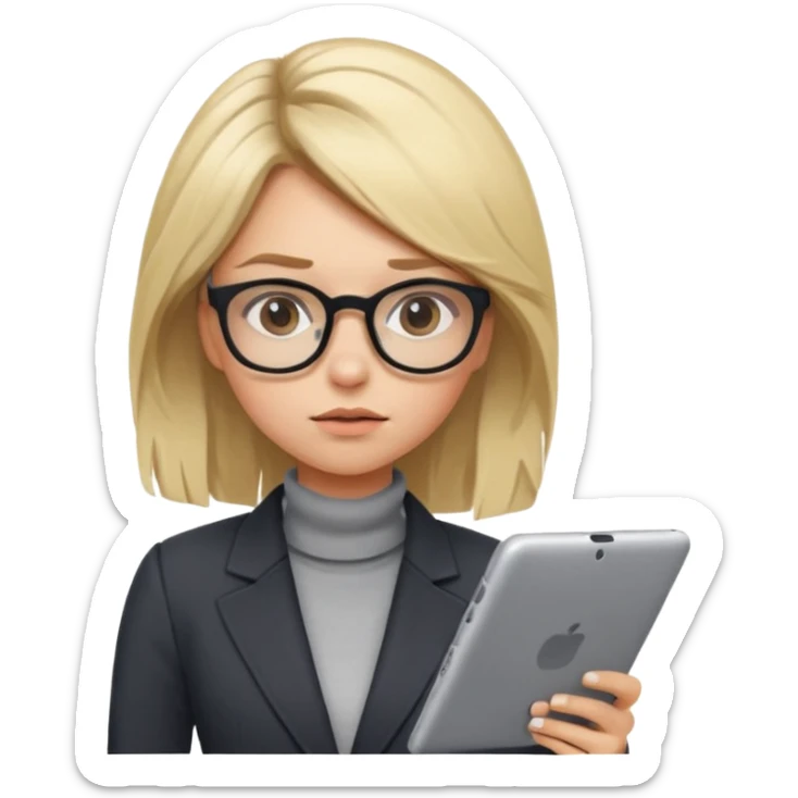 A cute blonde girl emoji in cartoon style as a professional presentation designer. She wears stylish glasses, a modern outfit like a chic blazer or turtleneck, and holds a digital tablet or stylus. She has a tired expression with messy hair. sticker