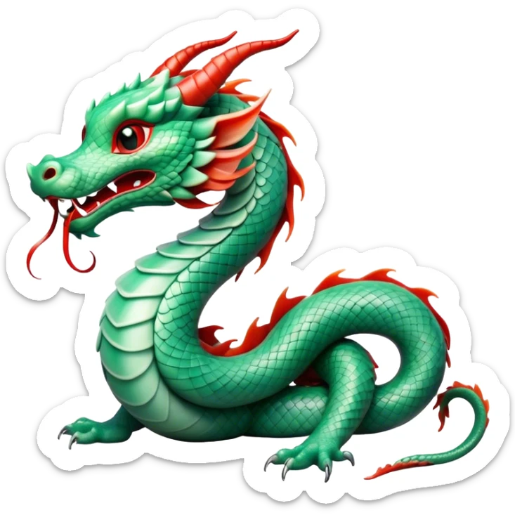 Cinematic Cute Chinese Serpent Dragon Portrait Emoji, Head tilted playfully and inquisitively, showcasing a slender, flowing body with vibrant jade scales and soft vermilion accents intertwined with whimsical wisps of cloud and water details; rendered with realistic finesse and warm natural light, high shine, charming and spirited, styled with a touch of mythic whimsy, soft glowing outline, capturing the essence of a mischievous yet endearing celestial dragon poised to weave magic into your dreams! sticker