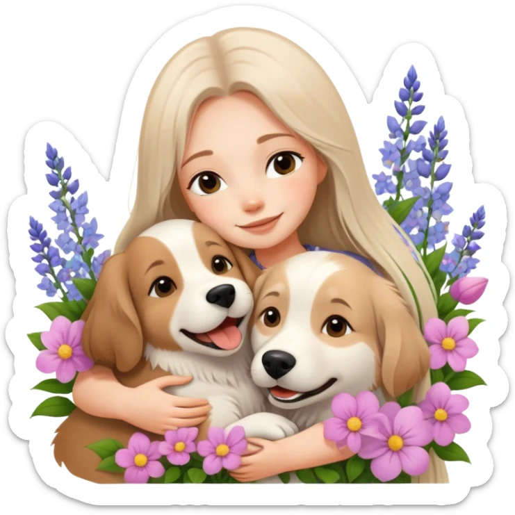 A beautiful girl with long straight hair happily hugs an Alaskan dog in the flowers sticker