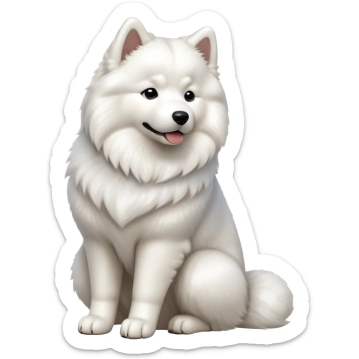 cinematic-[samoyed]-realistic-full-body-sitting-emoji,-tail-resting-loosely-beside-its-paws,-head-tilted-dramatically, -fluffy-[white]-fur,-simplified-yet-realistic-focused-features,-highly-detailed,-glowing-with-an-almost-sarcastic-glow sticker