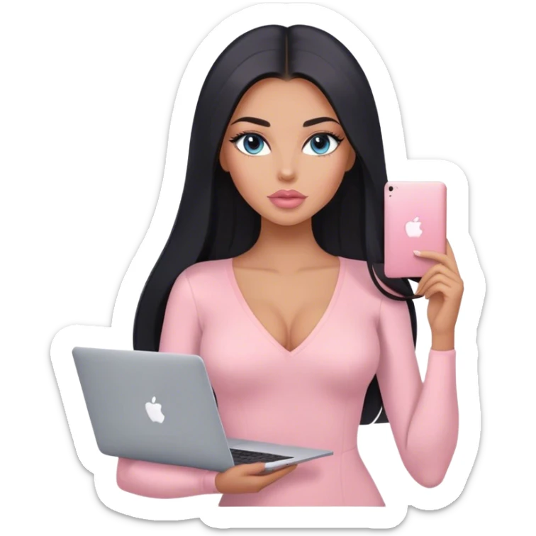 Glamours, tanned, very beautiful girl, with big pump peach-beige-rose lips, long lashes, black straight smooth silky long hair, straight parting hair, blue-grey eyes, in light-pink v-neck bodysuit holding MacBook sticker