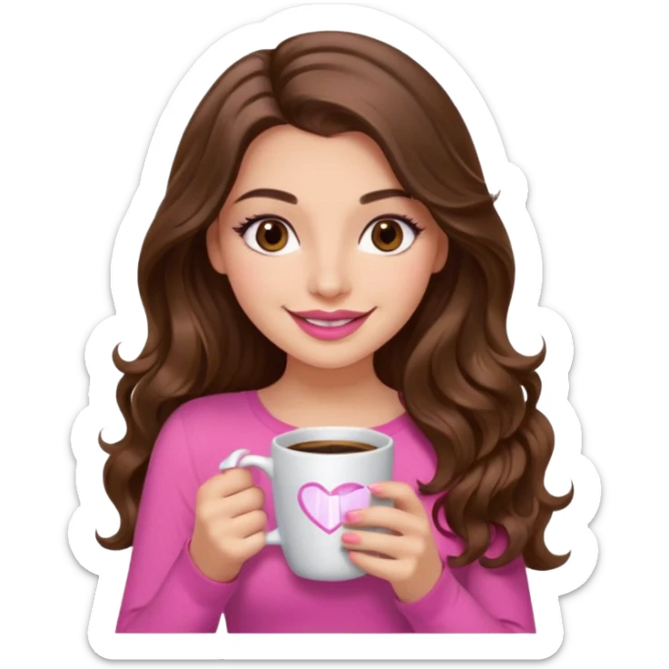 girl with long wavy brown hair, brown eyes, long lashes makeup, sexy pink lips, light to medium complexion, pink sexy top, with a coffee mug sticker