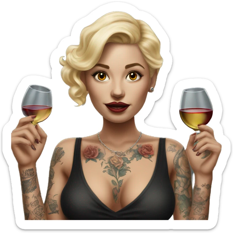 Blonde elegant women, her Body Covered with Tattoos, Wine in her ONE Hand, POINTING FORWARD with her OTHER HAND , Hyper realistic sticker